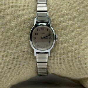 Vintage Timex Watch Women Silver Tone Dainty Stretch Band Manual Wind 6"